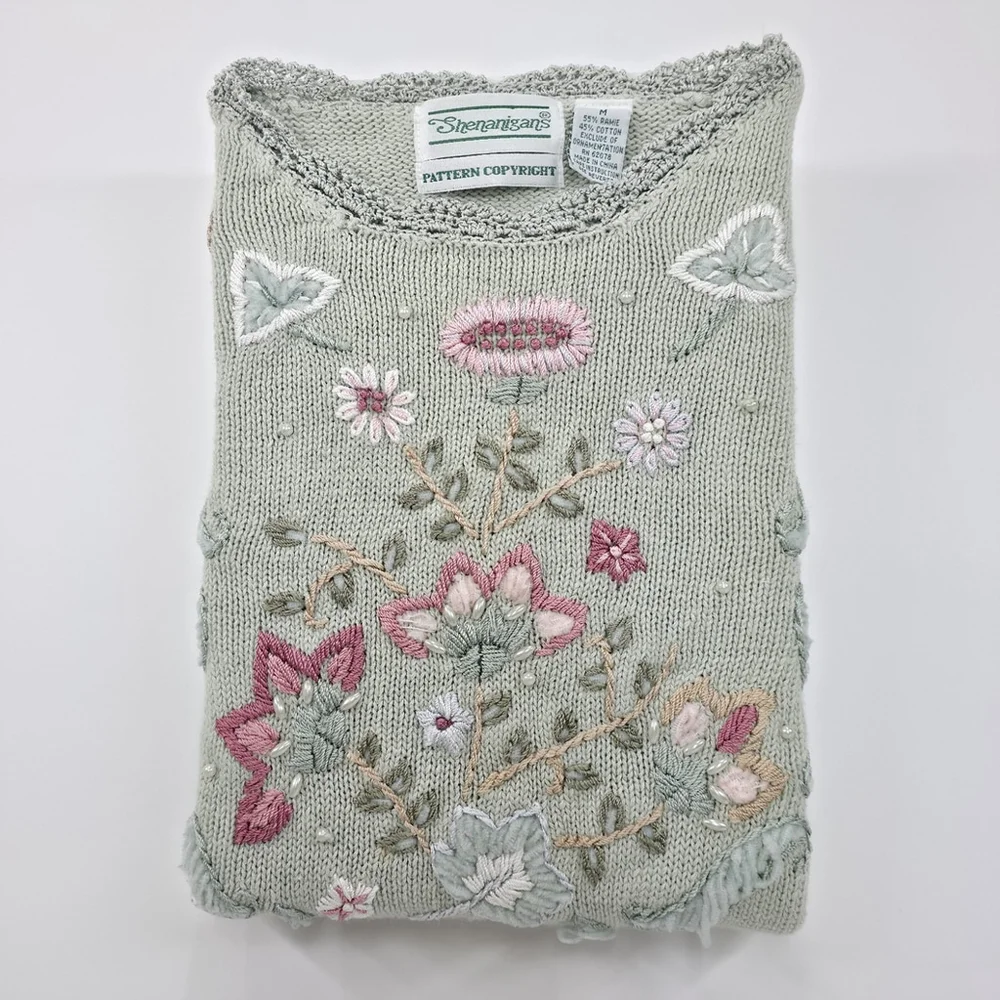 Vintage Streanigans Embroidered Sweater Womens M Sage Cottagecore Fairycore